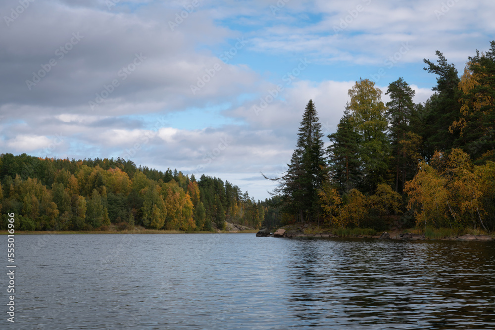 View of Lake Ladoga near the village Lumivaara on a sunny autumn day, Ladoga skerries, Republic of Karelia, Russia