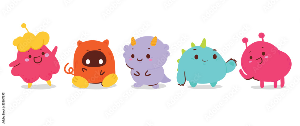 Cute and Kawaii monster kids icon set. Collection of cute cartoon monsters  in different joyful characters. Funny devil, alien, demon and creature flat  vector design for comic, education, presentation. vector de Stock