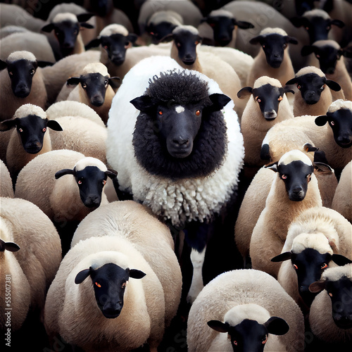 Black sheep among a flock of white ones standing out form the rest