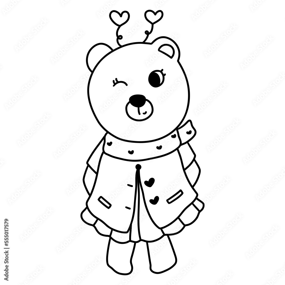 Bear in Love, Valentine Bear hand drawn outline illustration