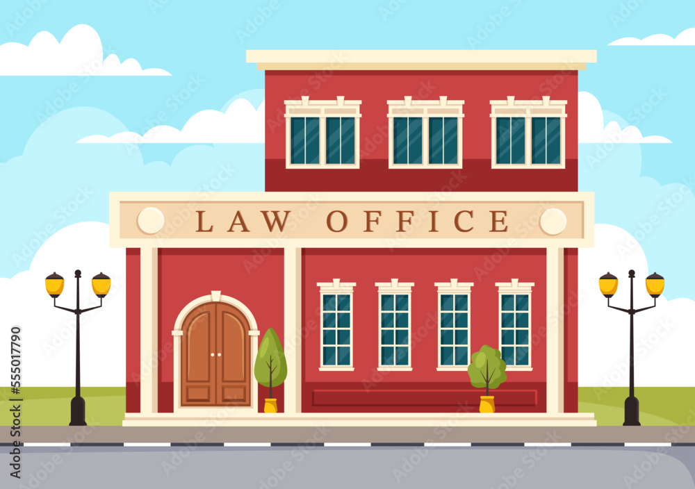 Law Firm Building with Legal Advice, Judgement Education and Lawyer Consultant in Flat Cartoon Poster Hand Drawn Templates Illustration