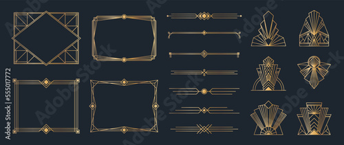 Collection of geometric art deco ornament. Luxury golden decorative elements with different lines, frames, headers, dividers and borders. Set of elegant design suitable for card, invitation, poster.
