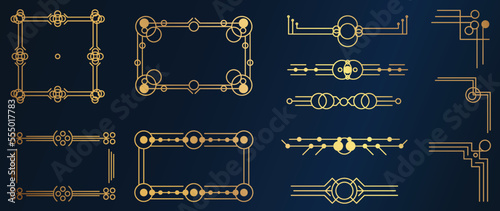 Collection of geometric art deco ornament. Luxury golden decorative elements with different lines, frames, headers, dividers and corners. Set of elegant design suitable for card, invitation, poster.