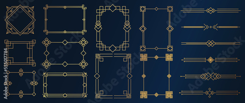 Collection of geometric art deco ornament. Luxury golden decorative elements with different lines, frames, headers, dividers and borders. Set of elegant design suitable for card, invitation, poster.