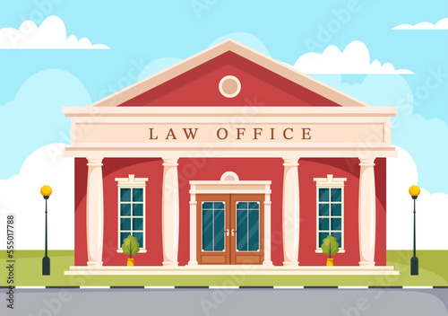 Law Firm Building with Legal Advice, Judgement Education and Lawyer Consultant in Flat Cartoon Poster Hand Drawn Templates Illustration