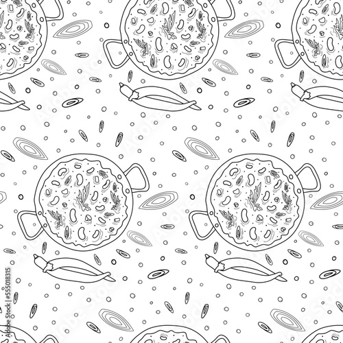 Endless pattern with Chile con carne in large pot with handless. Traditional Latin American food