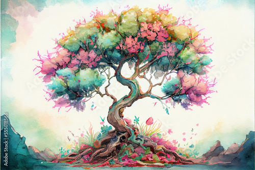 Beautiful tree with colorful watercolor painting on white background. Generative AI illustration