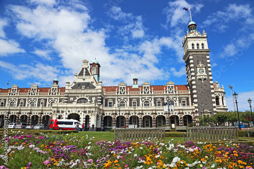 Flowers and railway station - Dunedin, New Zealand