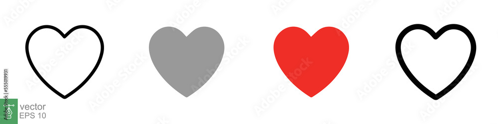 Heart icon set. Love symbol in flat, solid, outline style. Black, red love heart shape collection, romantic concept. Vector illustration design isolated on white background. EPS 10. Heart icon set. Love symbol in flat, solid, outline style. Black, red love heart shape collection, romantic concept. Vector illustration design isolated on white background. EPS 10.
