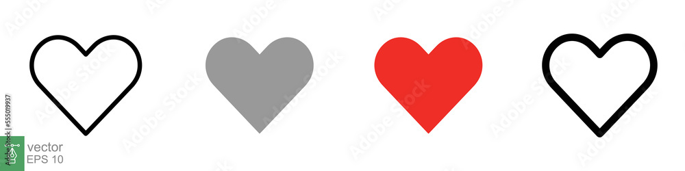 Heart icon set. Love symbol in flat, solid, outline style. Black, red love heart shape collection, romantic concept. Vector illustration design isolated on white background. EPS 10.