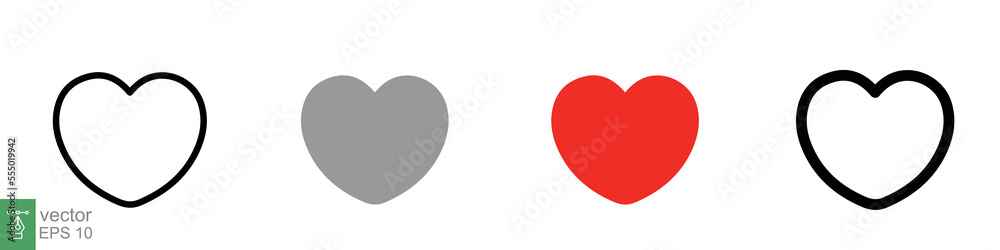 Heart icon set. Love symbol in flat, solid, outline style. Black, red love heart shape collection, romantic concept. Vector illustration design isolated on white background. EPS 10. Heart icon set. Love symbol in flat, solid, outline style. Black, red love heart shape collection, romantic concept. Vector illustration design isolated on white background. EPS 10.