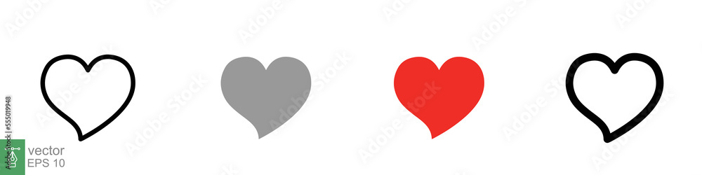 Heart icon set. Love symbol in flat, solid, outline style. Black, red love heart shape collection, romantic concept. Vector illustration design isolated on white background. EPS 10.