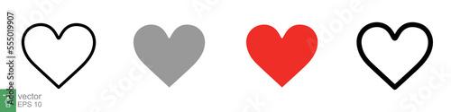 Heart icon set. Love symbol in flat, solid, outline style. Black, red love heart shape collection, romantic concept. Vector illustration design isolated on white background. EPS 10.