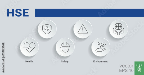 HSE. Health Safety Environment acronym. Vector Illustration concept banner with icons and keywords. EPS 10.