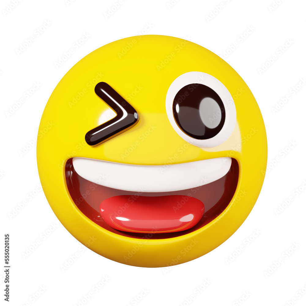 Smile emoji with wink eyes. Yellow face winking and smiling emoji. Popular chat elements. Trending emoticon. 3D Render Illustration
