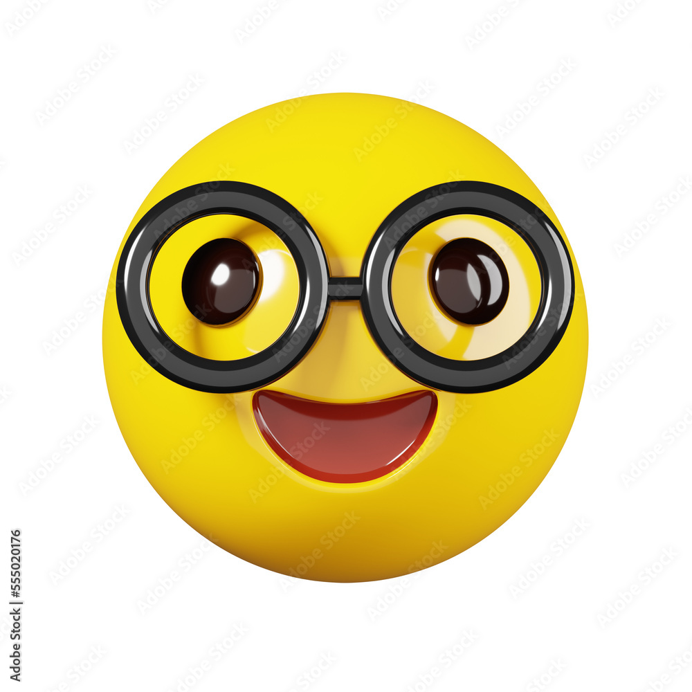 Smile emoji with glasses. Yellow face smiling emoji. Popular chat elements. Trending emoticon. 3D Render Illustration