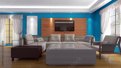 A modern living room with blue wall, television and wall frames mock-up. 3D rendering