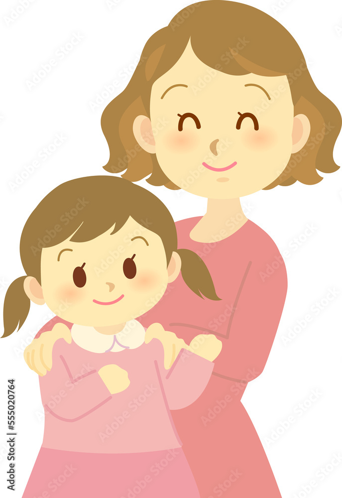 イラスト素材：女の子の肩に手を置く笑顔のお母さん　ニッコリ表情　微笑み合う母娘（透過背景）
