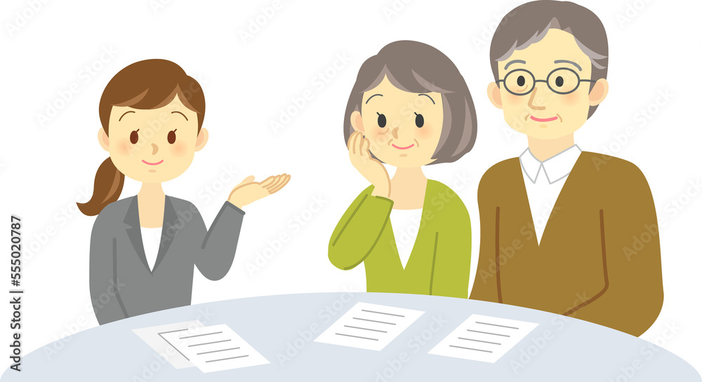 イラスト素材:スーツを着た女性と老夫婦が明るい表情で会話をする場面　 契約　相談　打ち合わせ（透過背景）
