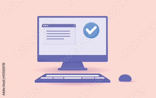3D Computer and check mark icon. Approved icon. File, checklist, document, form, plan. Document agreeing and signing offer