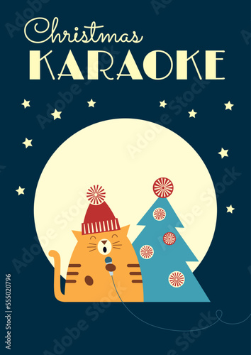 Christmas karaoke party invitation leaflet. Retro styled vector illustration of a cute cartoon tabby cat standing near decorated fir tree and singing into a microphone. Dark blue background.