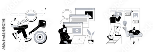 Professional SEO services abstract concept vector illustration set. Keyword research, copy optimization, content plan, web campaign, search engine, online social media planner abstract metaphor.
