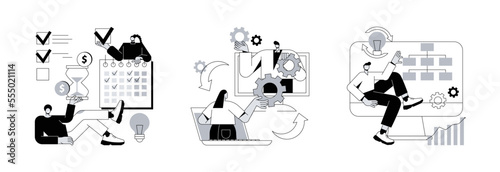 Business process abstract concept vector illustration set. Project planning, cooperation, workflow process, business analysis, vision and scope, boost productivity, partnership abstract metaphor.