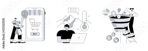Sales management team abstract concept vector illustration set. Virtual sales, cold calling, sales pipeline management, call center, CRM lead conversion, telemarketing script abstract metaphor.