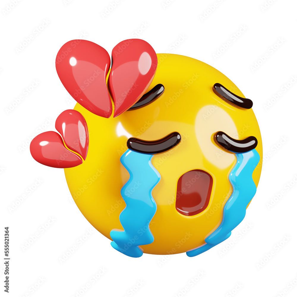 Sad emoji with tears and broken hearts. Yellow face crying emoji
