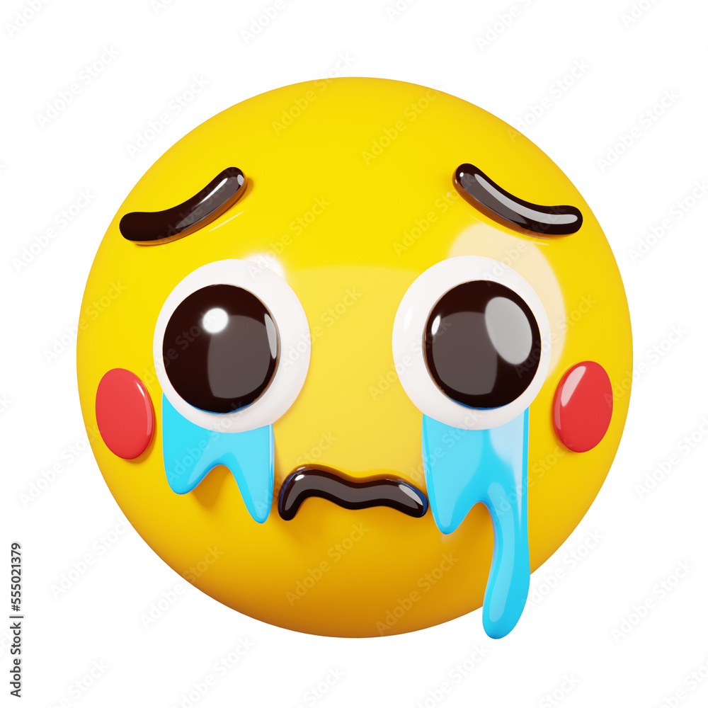 Sad emoji with tears. Yellow face crying emoji. Popular chat elements. Trending emoticon. 3D Render Illustration