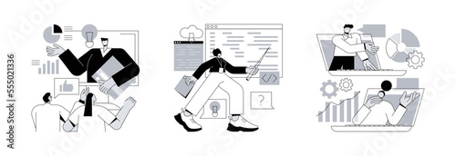 Employee skills training abstract concept vector illustration set. Managers and coding workshops, online tech talks, write code, software development, presentation, web session abstract metaphor.