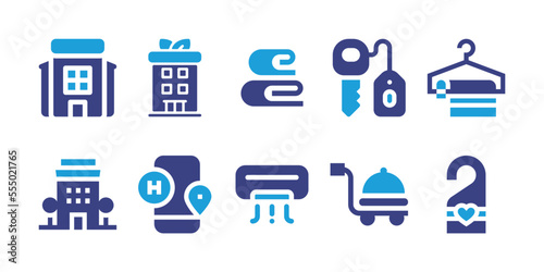 Hotel icon set. Duotone color. Vector illustration. Containing hotel, towels, room key, towel, air conditioner, food cart, door knob.