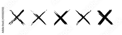 Set of cross signs with grunge. Black cross X mark collection. Vector, 2023