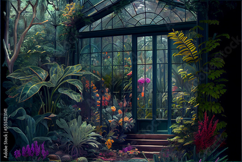 beautiful glass and iron conservatory full of blooming plants