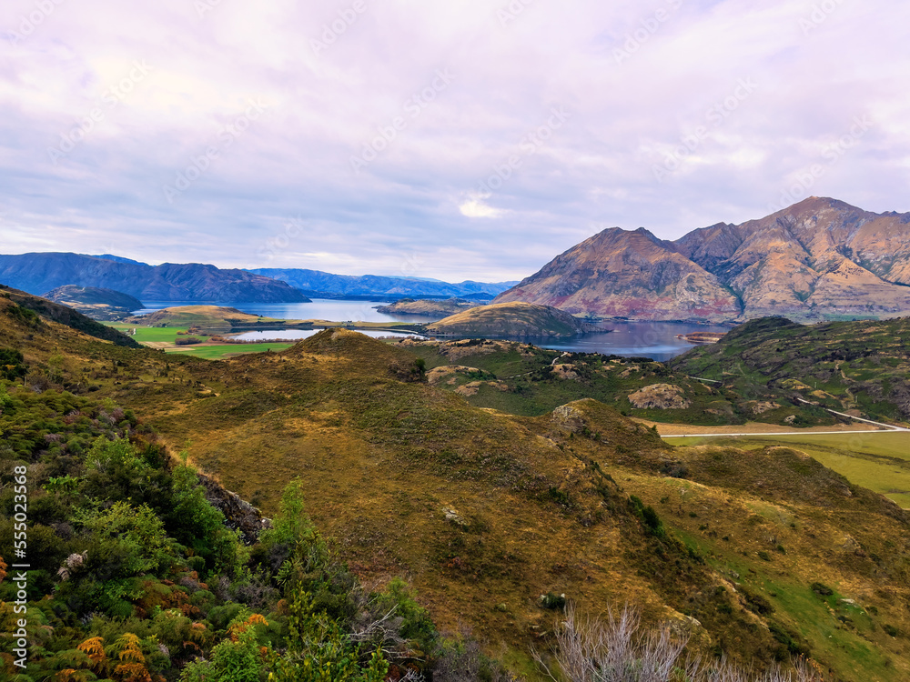 Stunning panoramic views of the bays of Lake Wanaka from the top of the Diamond Conservation park walking track