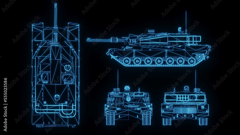 3D rendering illustration Tank blueprint glowing neon hologram futuristic show technology security for premium product business finance 3D rendering illustration Tank blueprint glowing neon hologram futuristic show technology security for premium product business finance