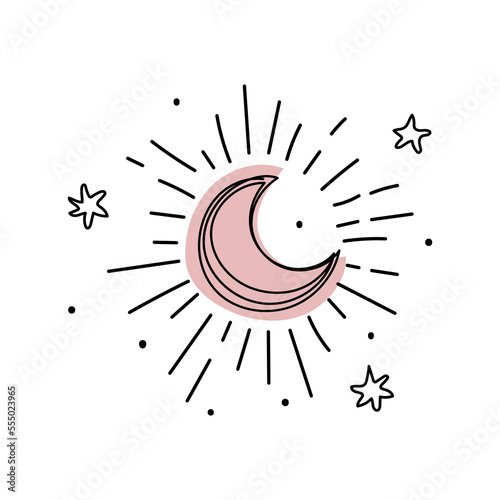 Glowing moon with stars, line astrology icon, elegant boho tattoo, tarot symbol, zodiac sign. Hand drawn illustration, mystical symbol, vector isolated on white background.