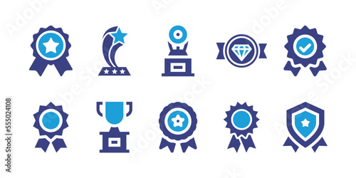Awards icon set. Duotone color. Vector illustration. Containing premium badge, brit awards, trophy, quality, validation, medal, reward, badge. © Huticon