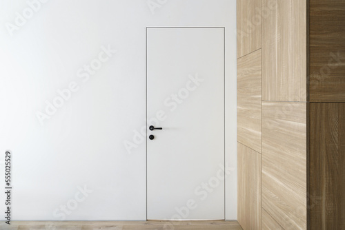 closed door and wooden wardrobe in empty hallway