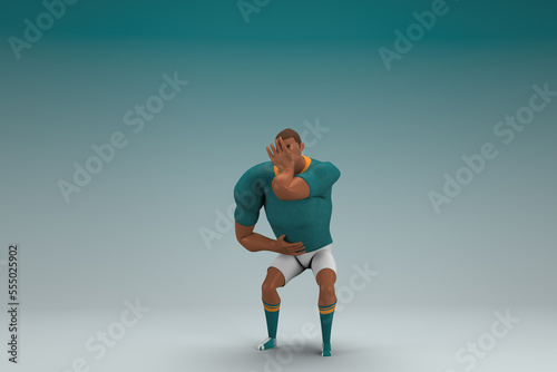 An athlete wearing a green shirt and white pants. He is sad or in pain. 3d rendering of cartoon character in acting.