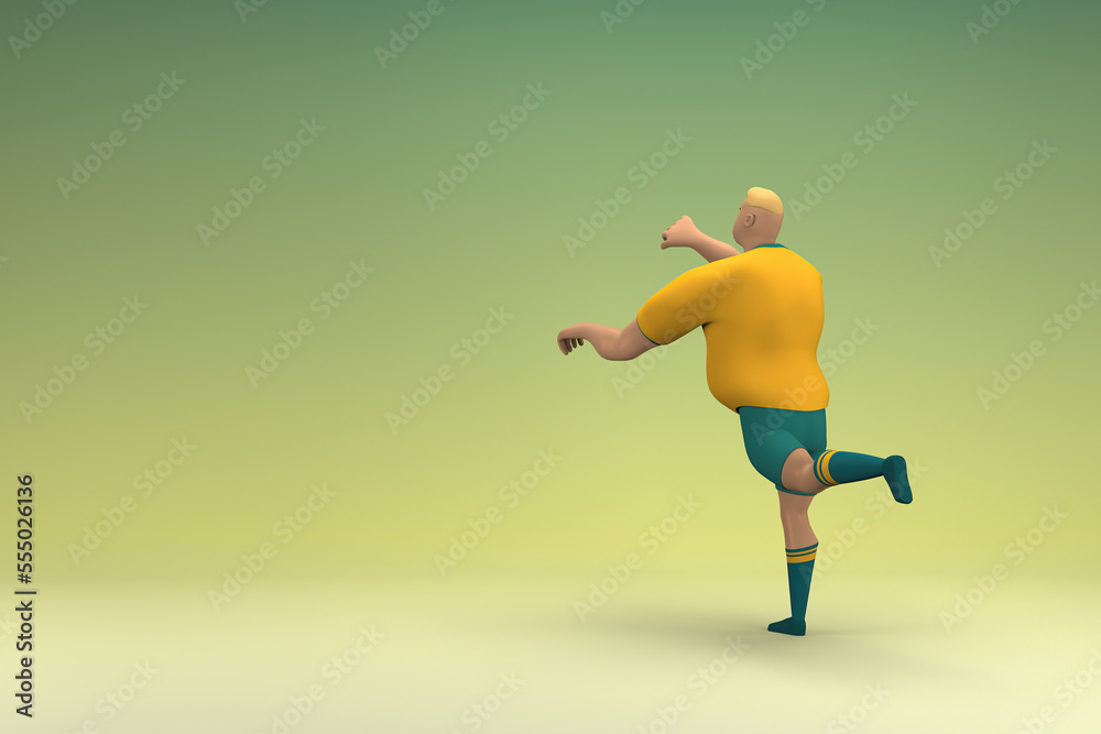 An athlete wearing a yellow shirt and green pants. He is doing exercise. 3d rendering of cartoon character in acting. An athlete wearing a yellow shirt and green pants. He is doing exercise. 3d rendering of cartoon character in acting.