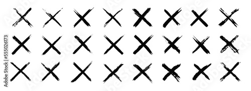 Set of cross signs with grunge. Black cross X mark collection isolated on white background. Vector, 2023