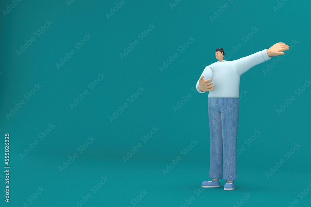 cartoon character wearing jeans and long shirt. He is expression of body and hand when talking. 3d rendering in acting. cartoon character wearing jeans and long shirt. He is expression of body and hand when talking. 3d rendering in acting.