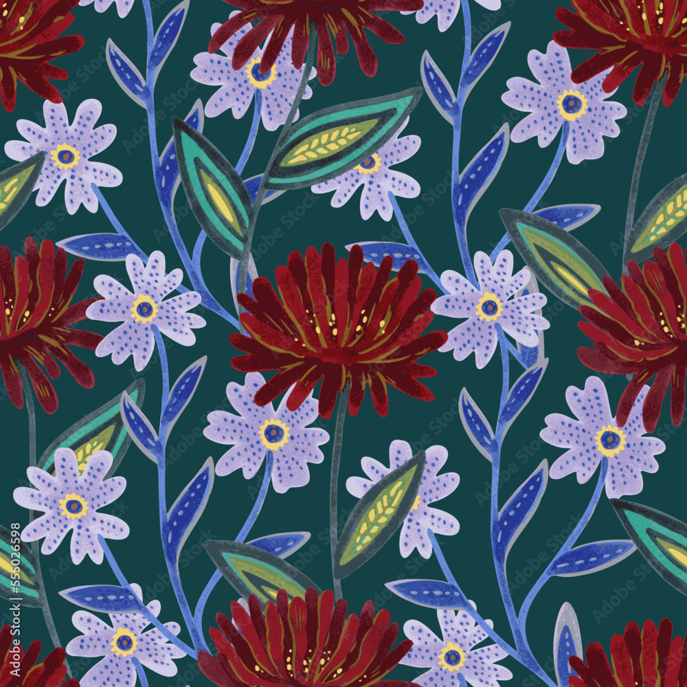 Vector seamless pattern with abstract hand drawn romantic floral elements for design and textile. 