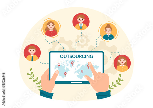 Outsourcing Business with Idea of Teamwork, Company Development, Investment and Project Delegation in Flat Cartoon Hand Drawn Templates Illustration