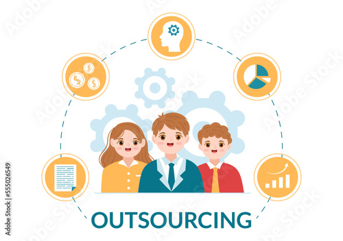 Outsourcing Business with Idea of Teamwork, Company Development, Investment and Project Delegation in Flat Cartoon Hand Drawn Templates Illustration