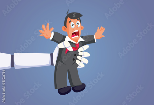 Corporate Worker Being Squeezed by a Giant Robotic Hand Vector Illustration. Scared white collar employee becoming jobless due to automation
