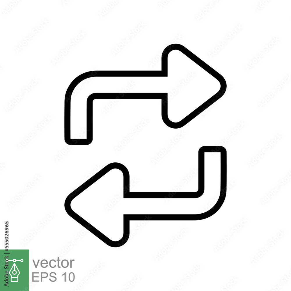 Double reverse arrow, replace icon. Simple outline style. Transfer, switch, swap, flip, change, exchange linear sign on white background. Thin line vector illustration. EPS 10. Double reverse arrow, replace icon. Simple outline style. Transfer, switch, swap, flip, change, exchange linear sign on white background. Thin line vector illustration. EPS 10.
