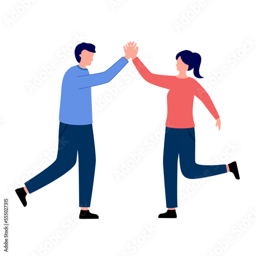 Man and woman informal greeting in flat design on white background. Friends high five greeting.