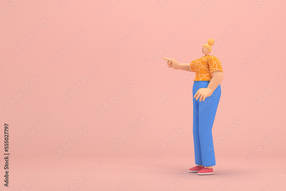 The woman with golden hair tied in a bun wearing blue corduroy pants and Orange T-shirt with white stripes.  She is expression  of hand when talking. 3d rendering of cartoon character in acting.
